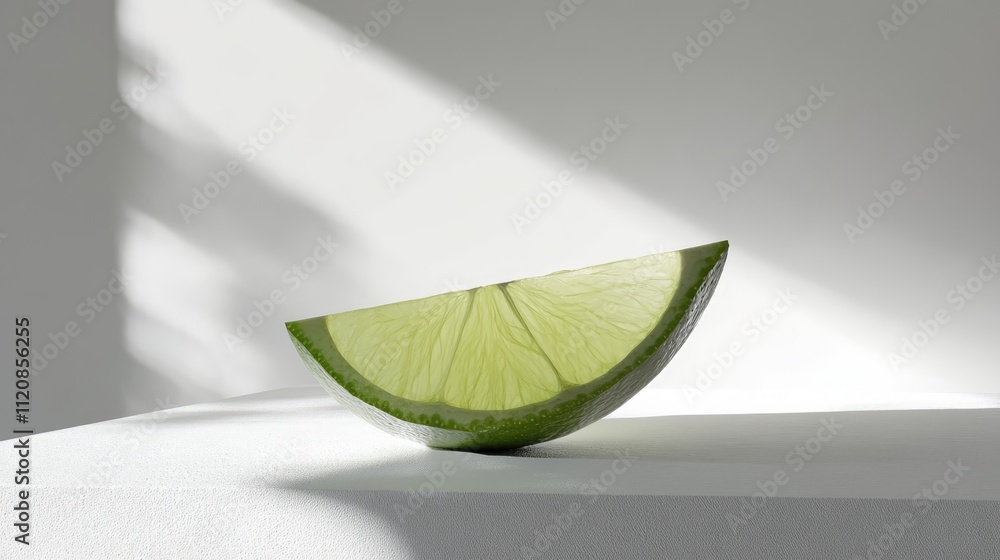 Poster fresh lime slice on white surface with soft shadows highlighting its vibrant color and texture in mi