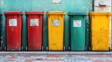 Colorful recycling bins lined up against a faded wall promoting environmental sustainability and waste management concepts.