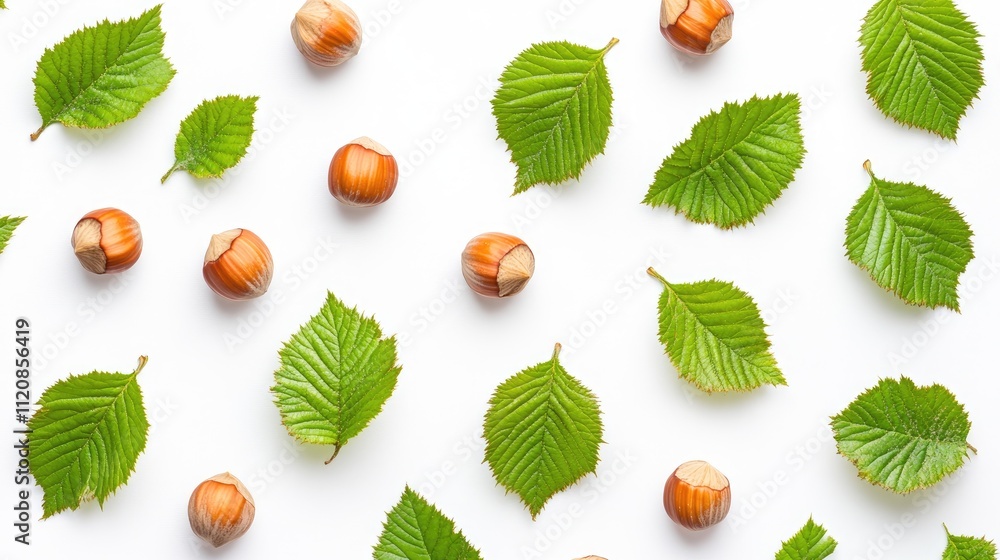 Aufkleber Hazelnuts and fresh green leaves arranged on a white background with ample copy space for text in a top view flat lay composition