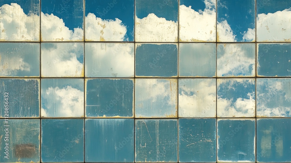 Aufkleber Glass building facade reflecting blue sky and clouds with geometric patterns creating a dynamic architectural visual effect
