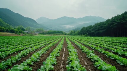 Fresh Korean cabbage growing in lush fields ideal for kimchi preparation with mountains in the background under a cloudy sky