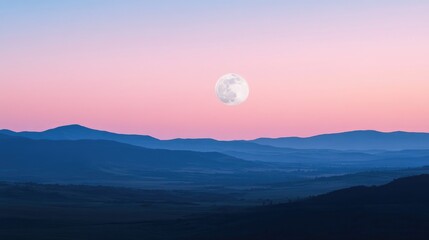 Moonrise over tranquil mountains with pastel sky at dawn creating a serene and peaceful landscape atmosphere in early morning light.