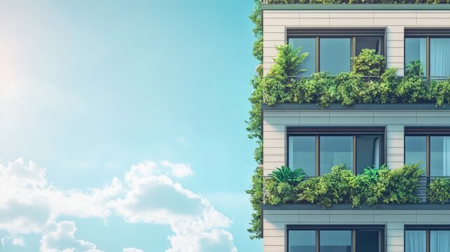 Green architectural design with living plants on facade promoting eco-friendly urban living and sustainability in city landscapes