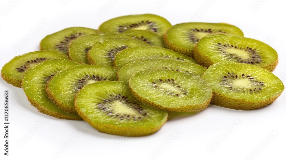 Poster fresh kiwi fruit slices arranged in a flatlay on a white background highlighting their vibrant green