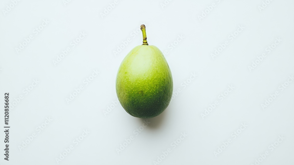 Poster fresh green mango on a plain white background showcasing its smooth texture and vibrant color ideal 