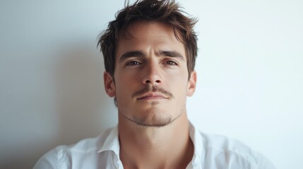 Obraz premium Portrait of a confident man with tousled hair and a casual white shirt against a minimalist white background showcasing a serene expression.