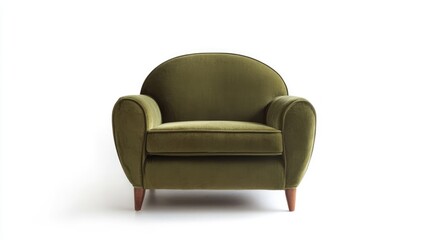 Vintage olive velvet armchair with rounded design and wooden legs isolated on white background perfect for retro interior styling.
