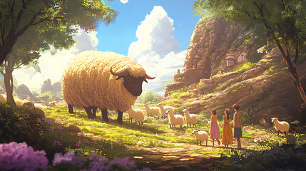 Giant Sheep Grazing Children Scenic Mountain Village