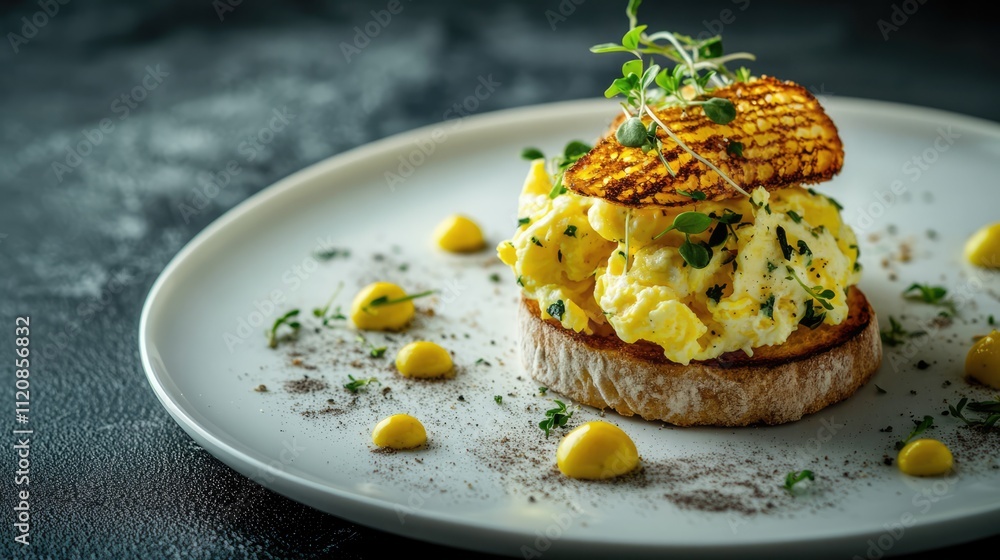 Poster scrambled eggs with herbs on toasted bread garnished with microgreens and sauces on a white plate ag