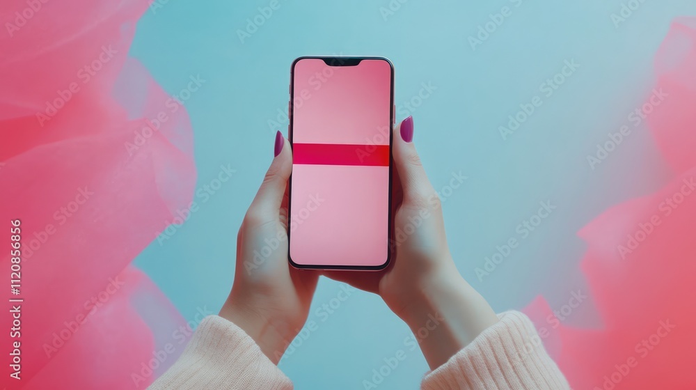 Aufkleber Hands holding smartphone displaying a discount code concept on a vibrant pastel background with soft textures and modern design elements.