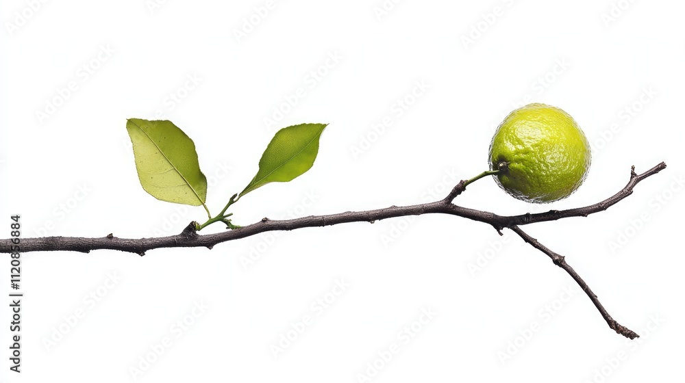 Poster fresh green lime on a tree branch with lush leaves against a bright white background showcasing natu