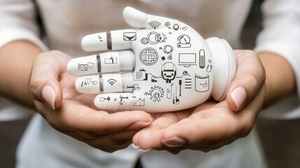 A human hand holding a stylized hand with various icons representing technology and communication.