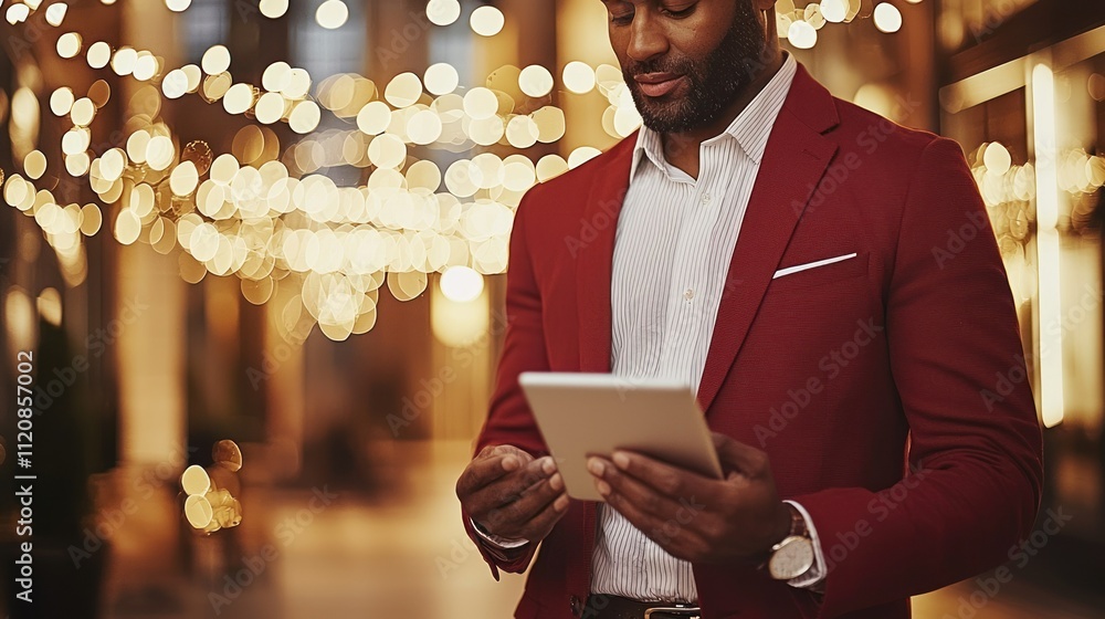 Poster a man in a red suit using a tablet in a softly lit, festive environment.