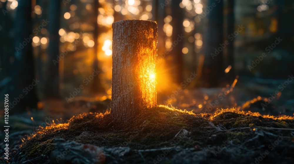 Poster sunlight illuminating a tree stump in a serene forest setting with soft bokeh and rich earthy tones 
