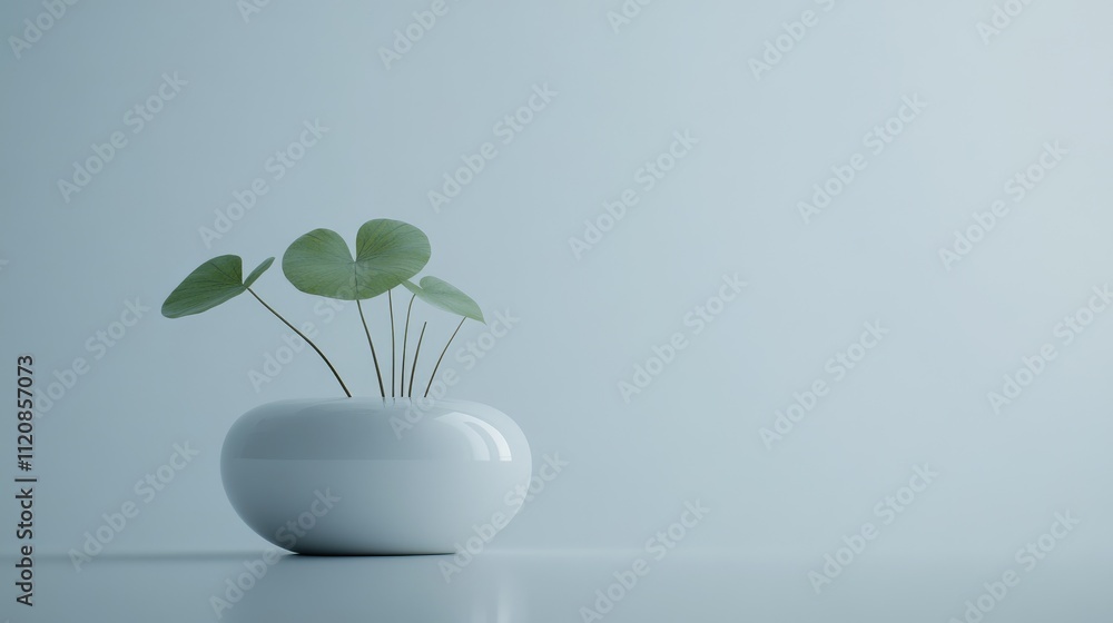 Poster minimalist arrangement of plant leaves in an unusual round vase on a soft background emphasizing sim