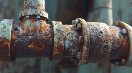 Rusty industrial pipe with corrosion and leaks showcasing decay and aging engineering in a derelict setting