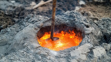 Molten iron pouring into sand mold during metal casting process with glowing liquid and stirring tool in industrial setting