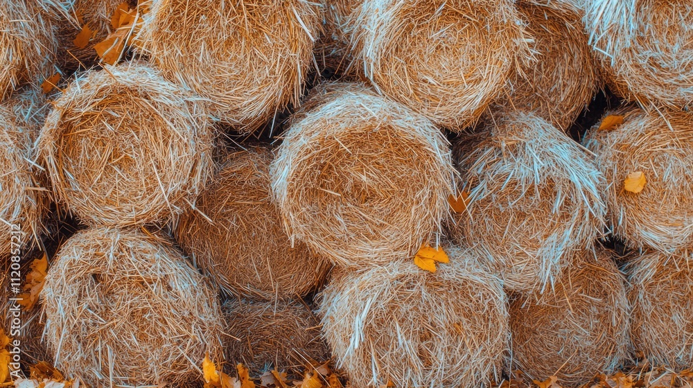 Poster Harvested straw sheaves stacked in a field with dry straw and autumn leaves creating a rustic agricultural landscape background