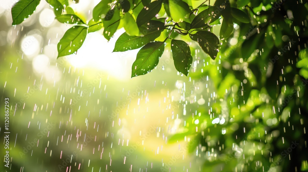 Aufkleber Rain droplets on green leaves with a bokeh background creating a serene natural atmosphere in soft focus.