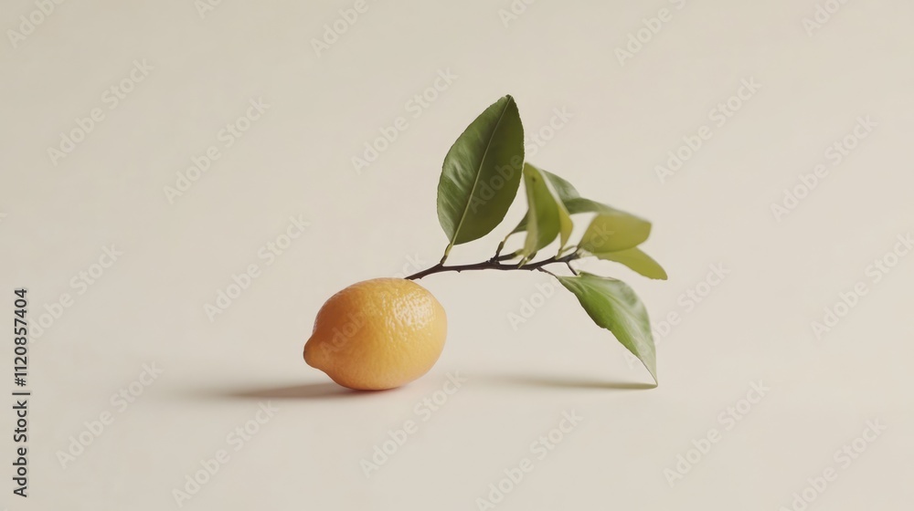 Poster lemon with fresh green leaves rests elegantly on a soft white background creating a minimalist natur