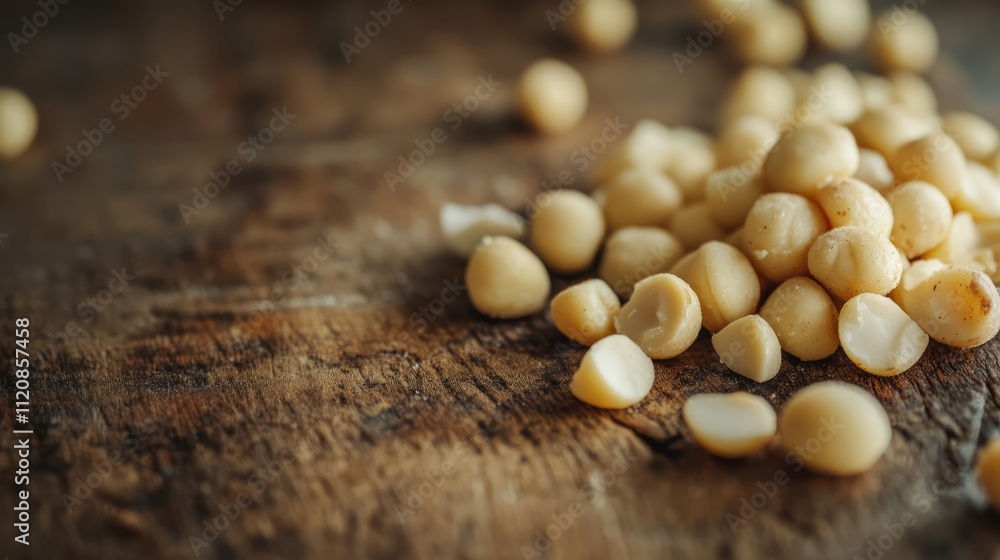 Poster heap of shelled macadamia nuts scattered on rustic wooden table background showcasing natural textur