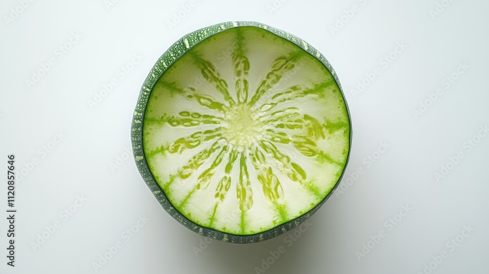 Poster freshly sliced half zucchini showcasing intricate patterns against a clean white background for culi