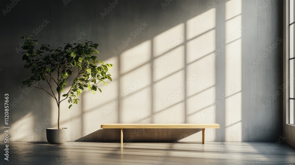 Poster minimalist interior with grey stone tile slab wooden bench and plant showcasing natural light and sh