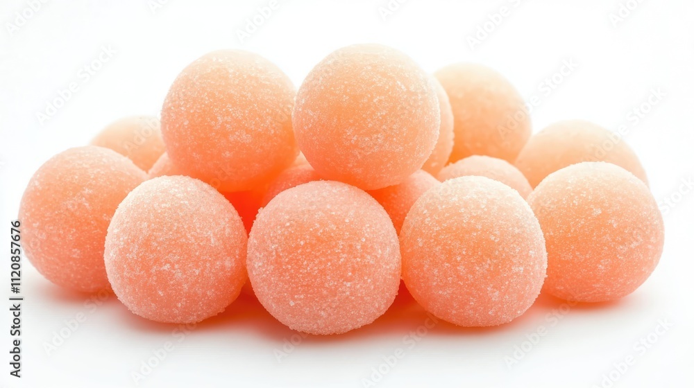 Poster peach bonbons arranged in a playful heap on a clean white background showcasing their vibrant color 