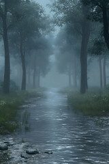 Fototapeta premium Misty forest path with stream.