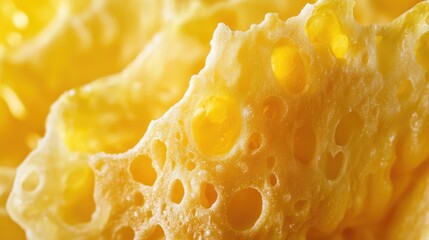 Macro close-up of textured hard cheese revealing holes and rich color ideal for culinary and food presentations