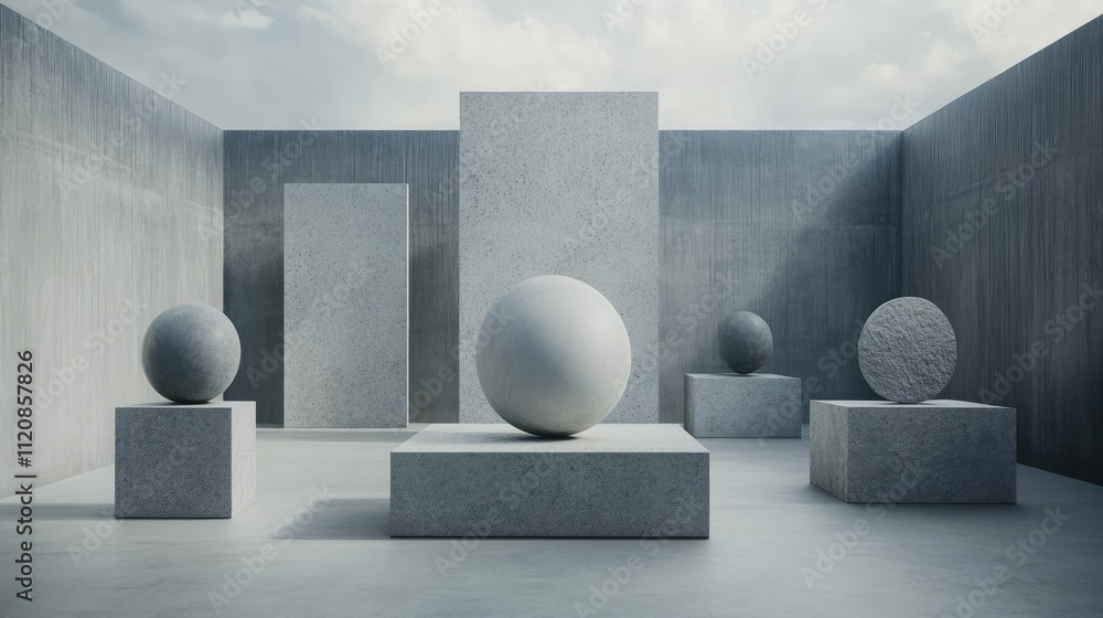 Poster abstract geometric shapes in a minimalist gray studio setting with podiums and cloudy sky backdrop f
