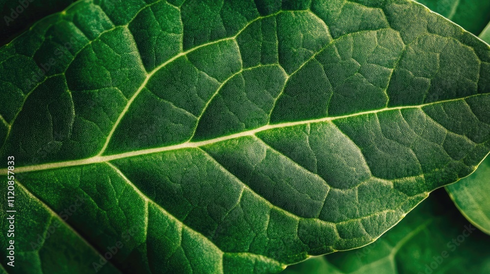 Poster Close-up of vibrant green leaf texture showcasing intricate veins and natural patterns for nature and botanical design concepts.