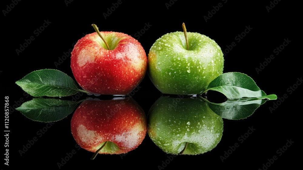 Poster fresh red and green apples with dew drops and reflective surface on black background showcasing vibr