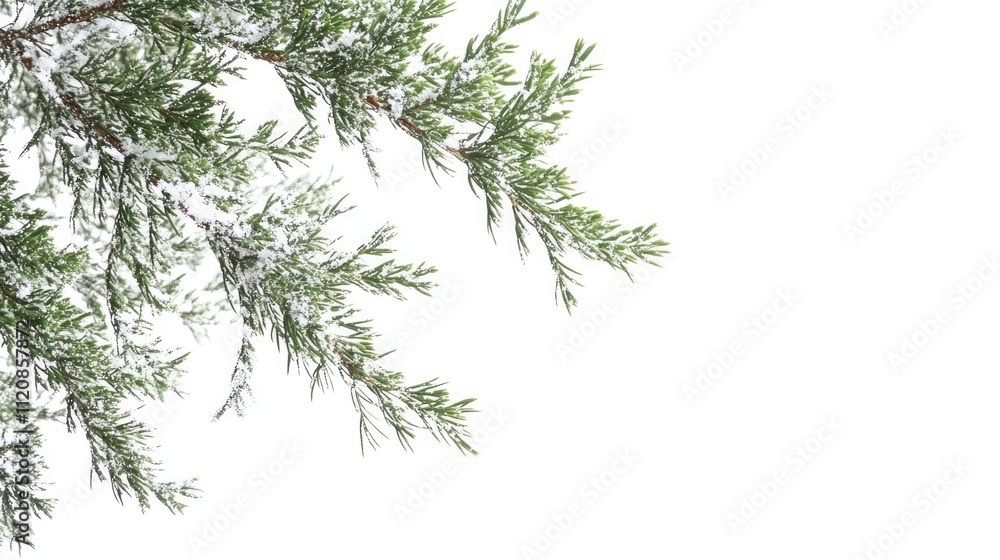 Poster Snow-dusted pine branch of a coniferous tree framed against a white background ideal for creating a festive congratulatory card design