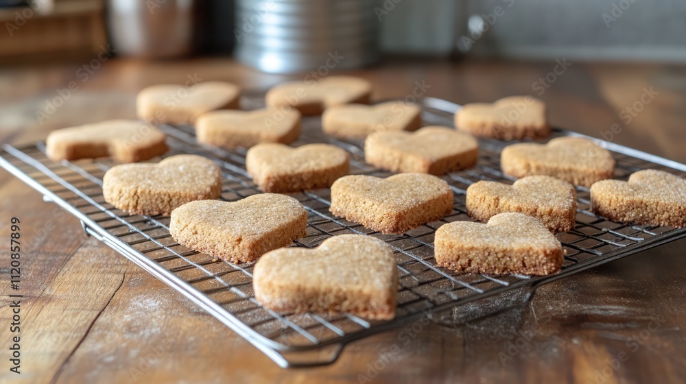 Poster heart shaped cookies cooling on wire rack in rustic kitchen setting