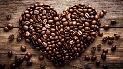 Heart formed with roasted coffee beans on rustic wooden background showcasing love for coffee and natural textures.