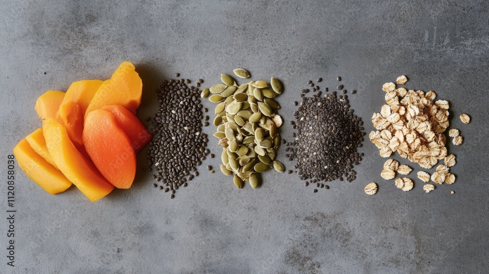 Aufkleber nutritious fruit and superfood selection including seeds and oats arranged on a gray concrete backgr