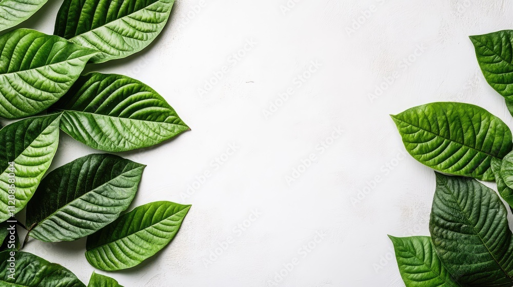 Poster Lush green leaves arranged on a white background creating a fresh and natural summer atmosphere in a minimalistic design