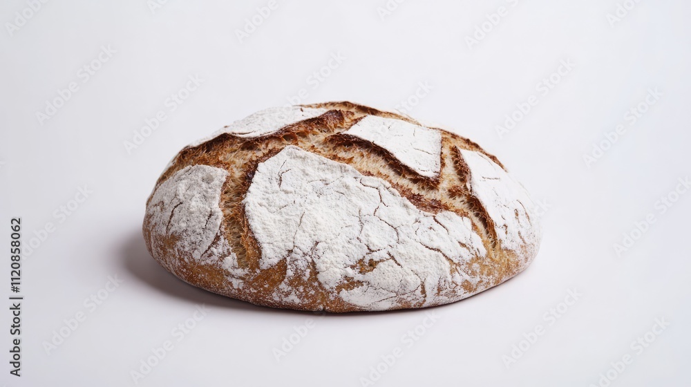 Poster artisan bread loaf made with high quality white flour displayed on a minimalistic white background f