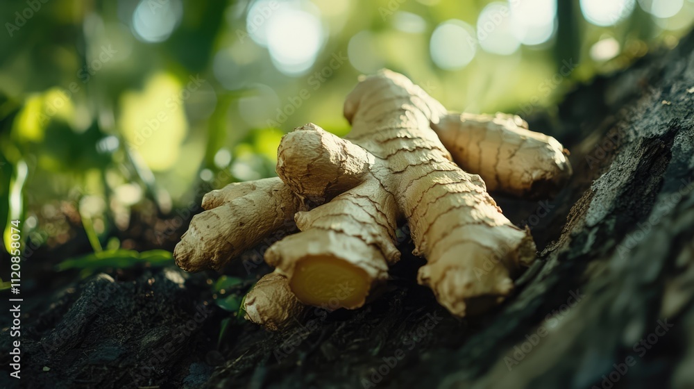 Poster isolated fresh ginger root on a natural background with selective focus showcasing its unique textur