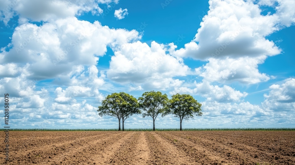 Poster group of trees standing prominently in a vast sugar cane plantation under a bright blue sky with flu