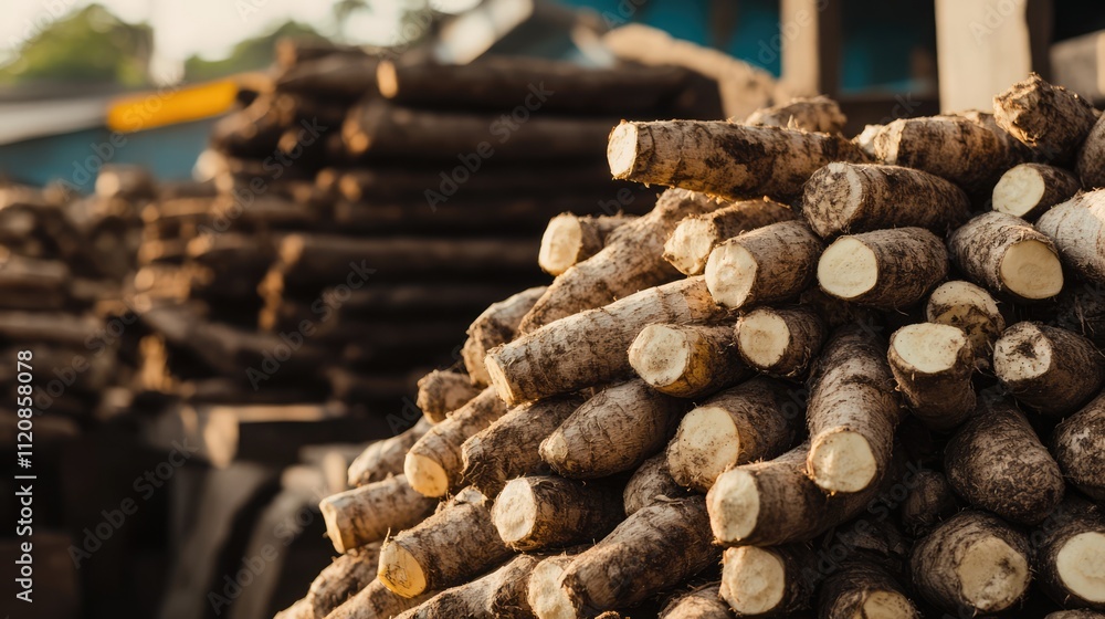 Poster cassava roots stacked in a rural setting showcasing agricultural produce and traditional farming pra
