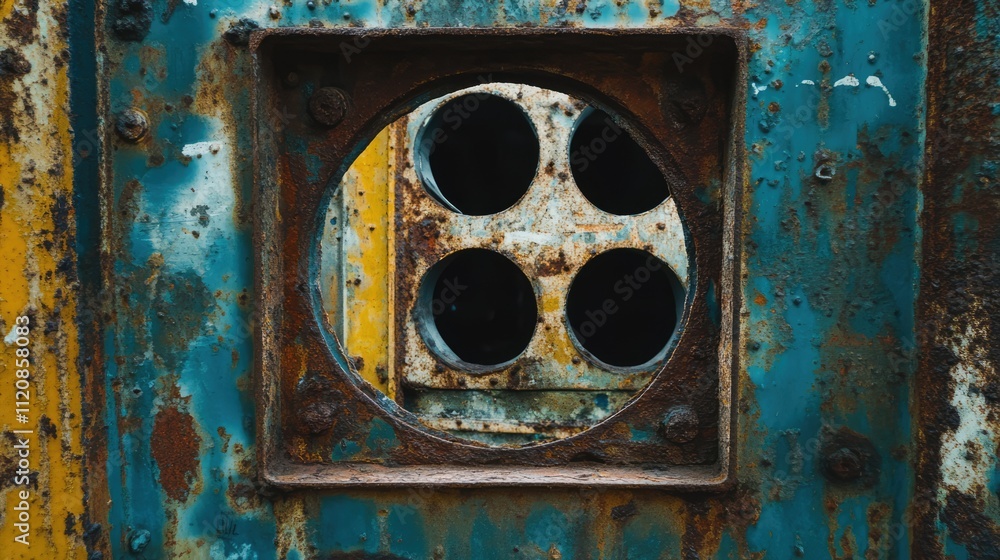Poster rusty metal texture with a circular opening revealing corroded pipes in a weathered industrial setti