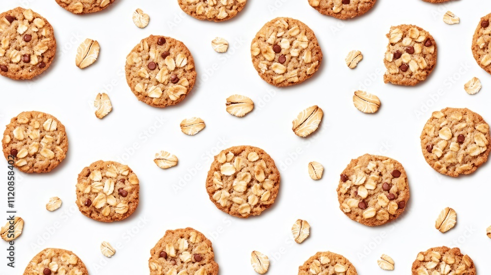 Poster oatmeal cookies scattered on a white background with oats creating a delicious and inviting bakery s