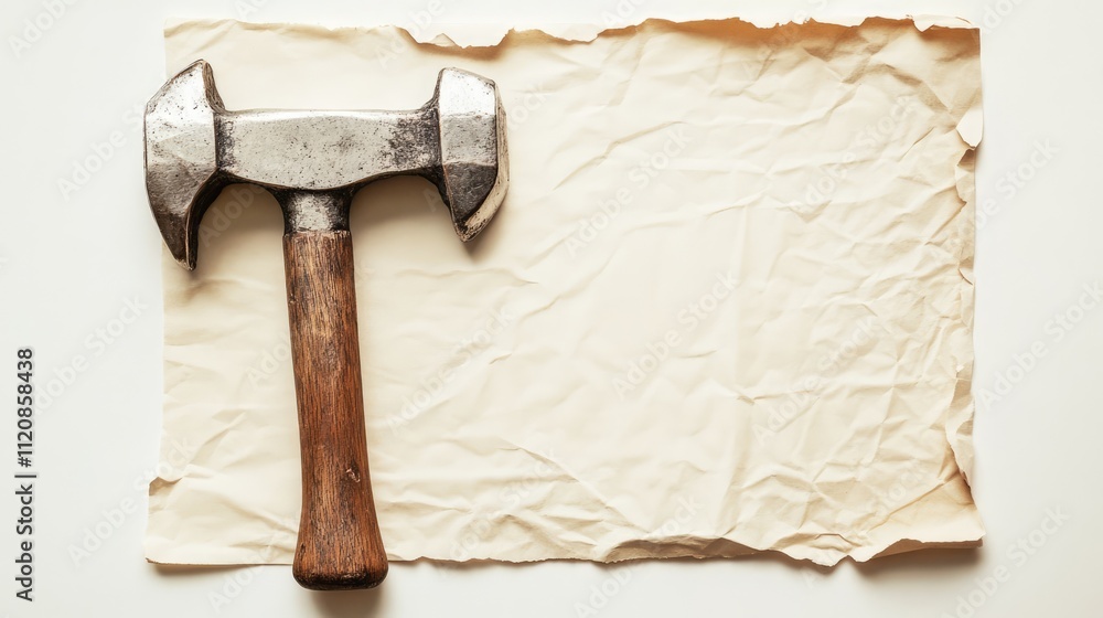 Aufkleber rustic hammer on wrinkled paper background for creative projects and crafts