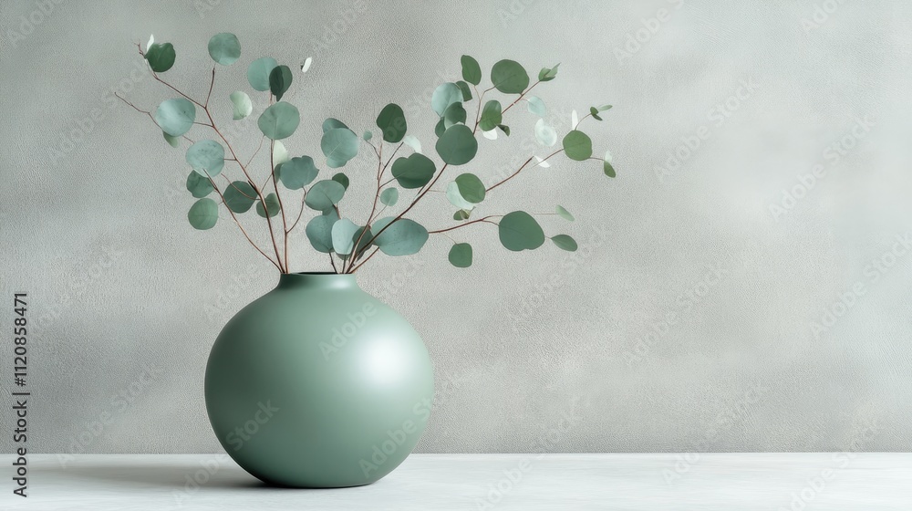 Aufkleber minimalist green vase with eucalyptus branches on light grey background showcasing natural decor and