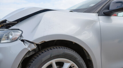 Front view of silver car with damaged hood and fender. Scratches and dents from accident. Focus on headlight, wheel, tire. Impact damage needs repair