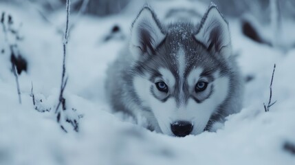 Naklejka premium Siberian Husky puppy in snowy landscape with intense blue eyes showcasing curiosity and playfulness in winter wilderness