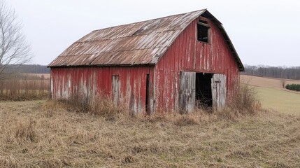 Obraz premium Abandoned rustic barn in overgrown agricultural field showcasing rural decay and nostalgic charm