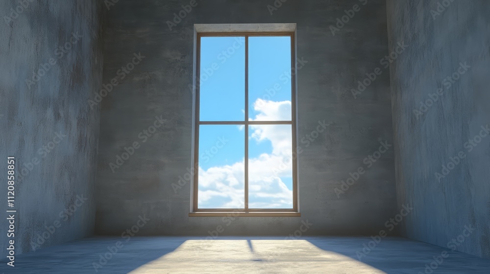 Poster modern window frame in a spacious room showcasing a bright sky with clouds enhancing a sense of open